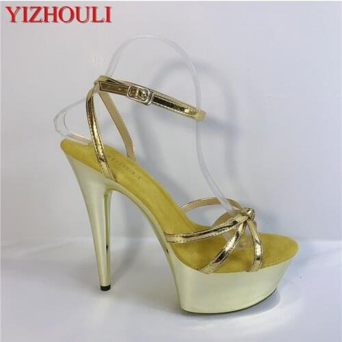 Summer sandals with 6-inch heels and 15-centimeter soles plated in gold.Club sexy pole dancing shoes