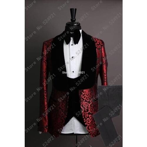 Custom Made Men Suits Red Pattern and Black Groom Tuxedos Peak Lapel Groomsmen Wedding Best Man ( Jacket+Pants+Vest+Tie ) C697