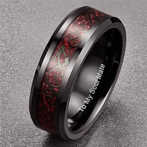 Male Wedding Jewelry 100% Tungsten Steel Ring For Men Red Carbon Fiber Dragon Rings TO MY SOUL MATE Couple Gift Ring Jewelry