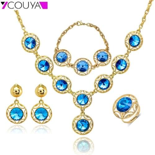 Women Jewelry Sets Shiny Crystal Art Circle Necklace+Rings(Size 8)+Chain Bracelet+Earrings Fashion Charm for Women Ladies 4Pcs