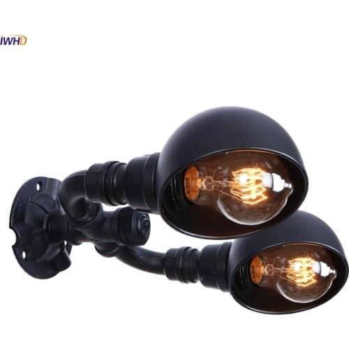 IWHD Wandlamp Rustic Edison Wall Sconce With Switch 2 Heads Black Water Pipe Lamp Loft Decor Industrial Retro Wall Light LED