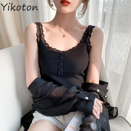 2021 New Lace Sleeveless T-shirt With Buttons White Black Pink Summer Lady Clothing Casual Basic Tee Tops Solid T Shirt Fashion