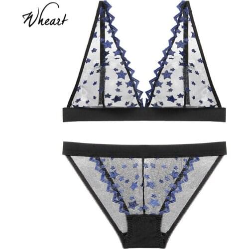 Wasteheart New Women Fashion Lace Transparent Bra Set Deep V Embroidery Cotton Panties Wireless Underwear Sexy Lingerie Set