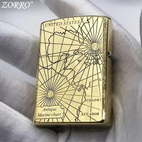 Original Zorro Kerosene Lighter Pure Copper Carving Classic Compass Pattern Business Gift Collection Outside Ignition Tool
