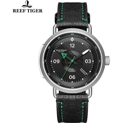 Reef Tiger/RT New Design Simple Automatic Mechanical Men Watch Leather Strap Sapphire Glass Steel Waterproof Military Watches