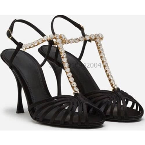 T-show Summer Prom Sandal Women Slik Stain Gladiator Deep Toe High Heels Sandals Shiny Crystal Ankle Strap Sexy Party Sandalias