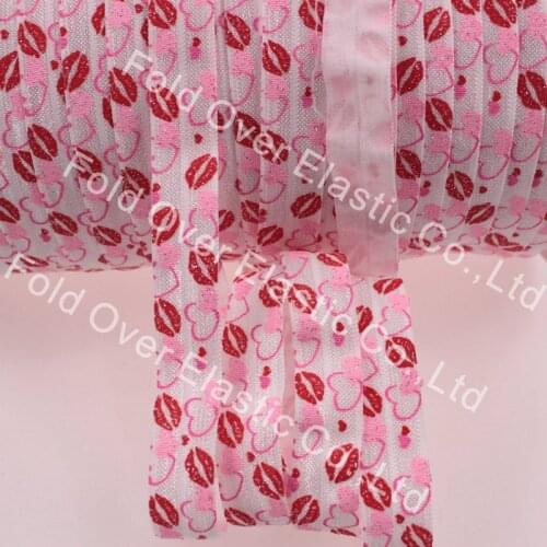 Top quality folding over elastic FOEs 5/8" sexy valentine lips printed elastic ribbon #029-white, 100 yards/lot