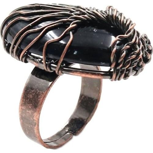 YJXP Copper Plated Wire Wrap Oval Shape Adjustable Finger Black Agates Ring For Anniversary Jewelry