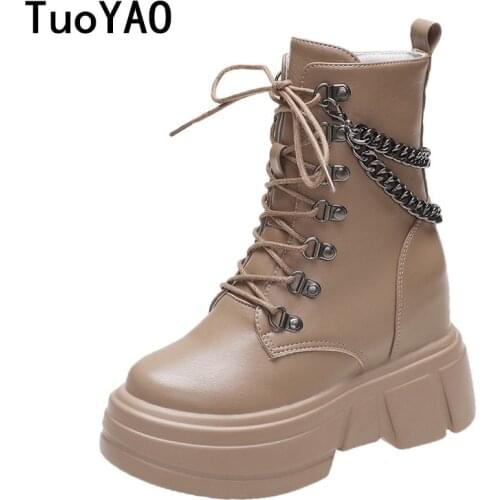 Women Ankle Boots 2021 Autumn Leather High Top Chain Sneakers 9CM High Heels Chunky Platform Punk Boots Winter Thick Sole Boots