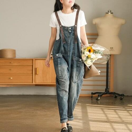 Johnature Women Vintage Denim Jumpsuits Casual Pockets Summer Clothes 2021 New Loose All-match Comfortable Jumpsuits