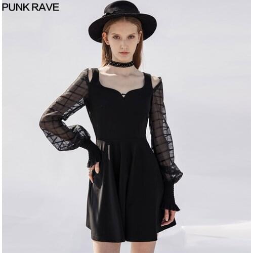 PUNK RAVE Womens Gothic Black V-necked Long Sleeve Off-the-shoulder Dress A-LINE Casual Girl Little Sexy Short Dress