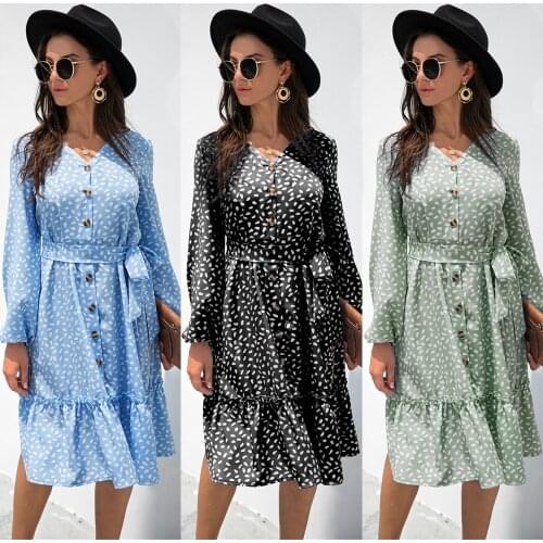 Women Spring Autumn Dot Print A-Line Dresses Robe Femme Single-Breasted Ruffles V-Neck Long Sleeve Slim Dress For Woman Vestido
