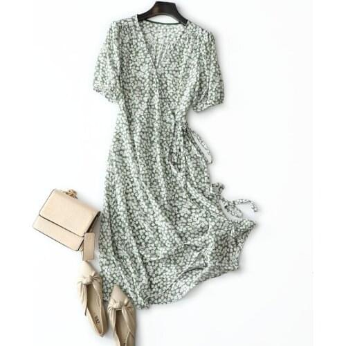 22mm 100% silk v neck summer dress women 2021 fashion chest warpping short sleeve silky dresses