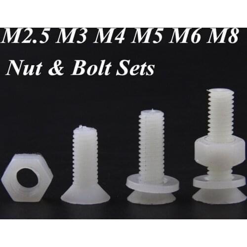 25 Sets Nylon Nut Bolt Sets White Plastic Insulation Flat Head Phillips Cross Recessed M2.5 M3 M4 M5 M6 M8 Screw Washers