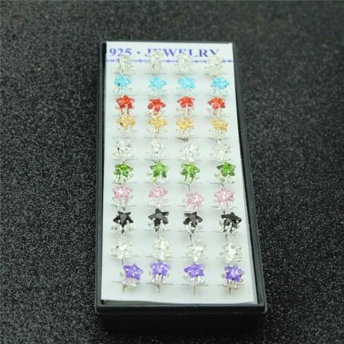 40pcs 925 sterling silver earrings Female stars inlay zircon silver earrings Silver earrings color crystal stars jewelry