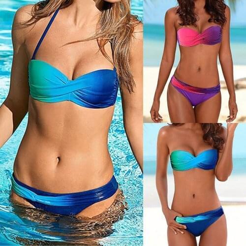 Women Bikini Swimsuit 2 Pieces Gradient Color Split Swimwear