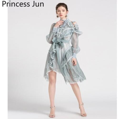 French Retro Palace Style Striped Irregular Mini Dress New Stand Collar Long Sleeve Layered Lotus Leaf Ruffled Bow Belted Dress