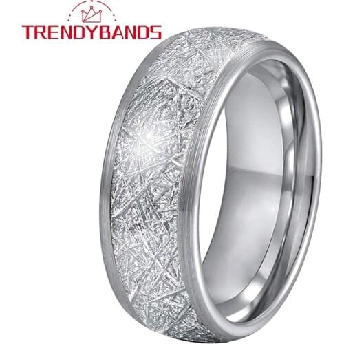 8MM Meteorite Inlay Tungsten Carbide Rings For Men Women Wedding Band Domed Brushed Finish Comfort Fit