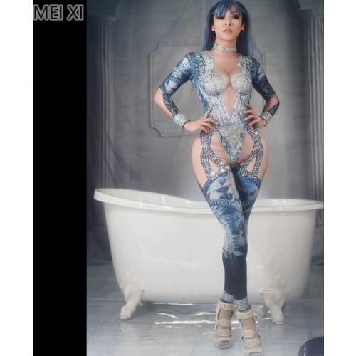 Unique denim blue style deep V rhinestone onesie party nightclub bar concert DJ singer/dancer costume