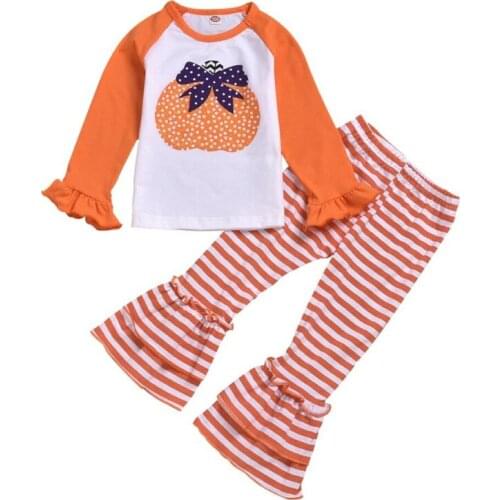 Halloween 2PCS Toddler Kids Baby Girl Outfits Clothes Sets Pumpkin T shirt Flare Striped Long Pants Outfit 1-5Y