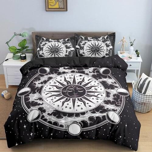 Sun and Moon Comforter Cover Set Boho Exotic Style Mandala Duvet Cover Set Black and White Bedding Set Luxury Tarot Quilt Cover