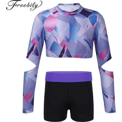 Girls Yoga Sets Sportswear High Neck Long Sleeve Gym Sports Crop Top with Elastic Waist Training Fitness Shorts Workout Clothes