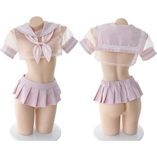 Anime School Girls Cosplay Costume Cute & Sexy Pink Sailor Uniform School Dress Mini Skirt Mesh Perspective Lingerie Set