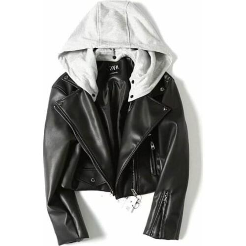 Hooded Faux Soft Leather Women Short Pu Jacket Motorcycle Zipper Hat Detachable Female Coat Punk Black Outerwear Fashion Jacket