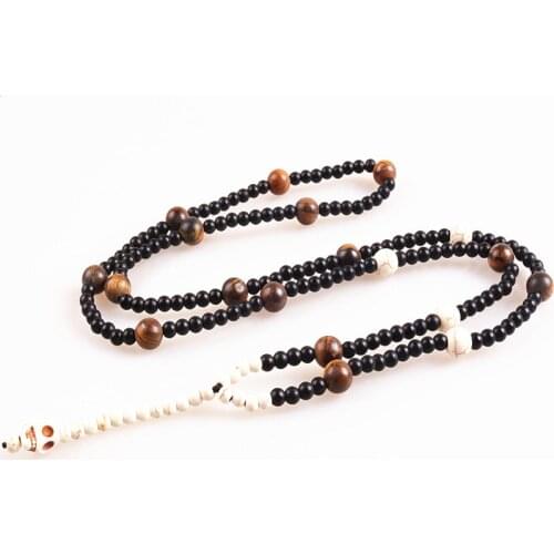 New handmade Skull Beda & 8mm Stones Beads Mens Long Necklace Fashion Jewelry