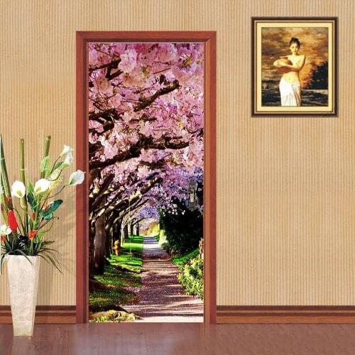 Hot Door Mural Pink Tree Path Door Sticker DIY Self-adhesive Waterproof Wallpaper Poste for Home Decoration Gift