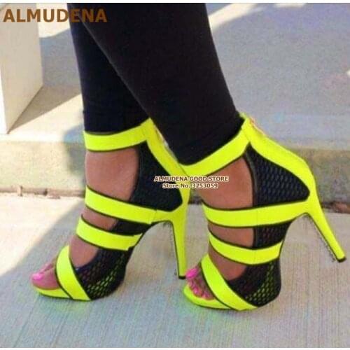 ALMUDENA Neon Yellow Strappy High Heel Sandals Black Net Patchwork Dress Shoes Hollow Out Summer Gladiator Pumps Banquet Shoes