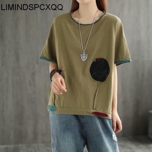 LIMINDSPCXQQ New 2021 Summer Style Tops Ladies Holes Patchwork T-shirts Womens O-Neck Green Tees Girl Oversized Vintage Clothing