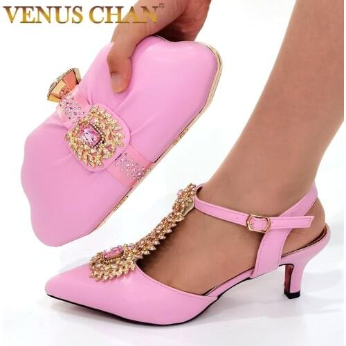 2021 New Arrival Fashion Style Italian Design Pink Color Ladies Shoes and Bags To Match Set Decorated with Rhinestone for Party