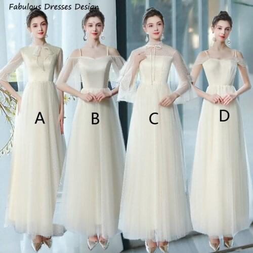 2021 New Arrival Bridesmaid Dresses Half Sleeve Tulle A Line Ankle Length Wedding Party Dress Bowknot Jewel Neck Vestidos