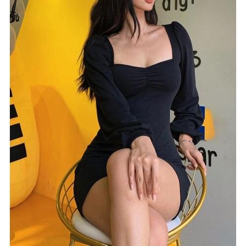 Charming Lantern Sleeve Dress Good Workmanship Right-angle Shoulder Bodycon Square Collar Mini Dress Easy to Wash for Going Out