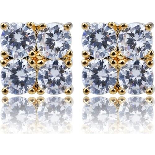 Hip Hop Gold Silver Color Iced Out 2 Row Cubic Zircon Square Stud Earrings With Screw Back Buckle Men Jewelry Gifts