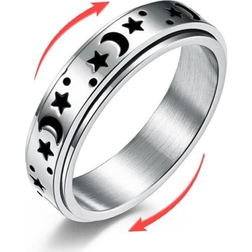 Stars and Moon Rotatable Ring Mens Trendy Retro Niche Design Ins Trend Does Not Fade Titanium Steel Index Finger Ring Female