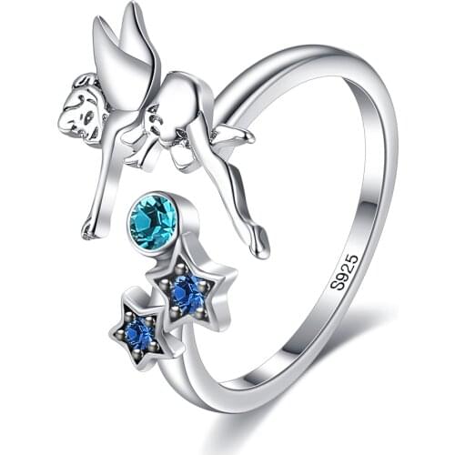 ZEMIOR 925 Sterling Silver Cute Angel & Star Finger Ring Blue Zircon Adjustable Rings For Women Girl Silver Jewelry Accessories