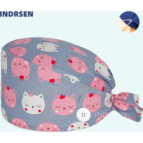 Women Men Surgicals Cap Cats Printed with Buttons Cotton Dustproof Daily cleaning Chef Lab Pet Nursing Working Bouffant Caps