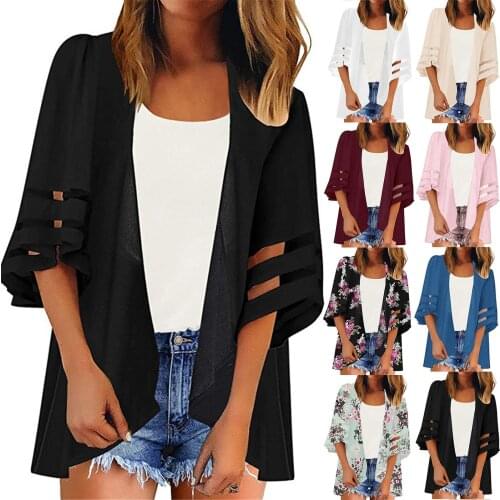 Women Cover Ups For Swimwear Mesh Panel 3/4 Bell Sleeve Swimsuit Beach Cover Up Chiffon Casual Loose Cardigan Bikini Beach Dress