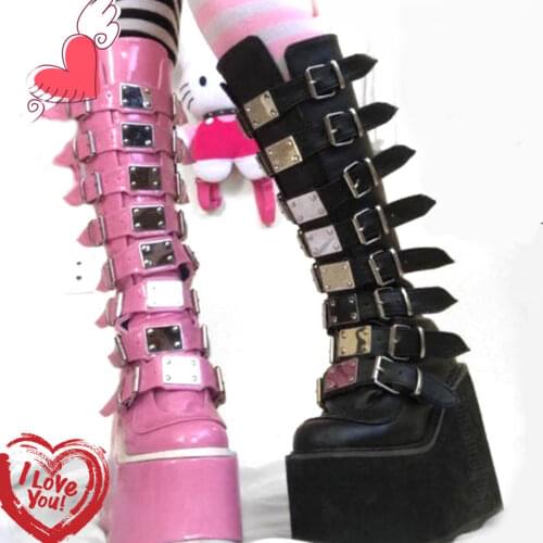 GIGIFOX Brand Big Size Fashion Cool Street Buckles Gothic Boots High Heels Platform Motorcycles Boots Black Woman Wedges Shoes