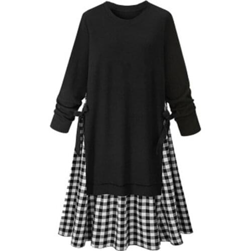 Autumn Large Size Women Dress Patchwork Ribbon Loose Long Dress Vintage Spring fashion Long Sleeve Oversize Female Dress J671