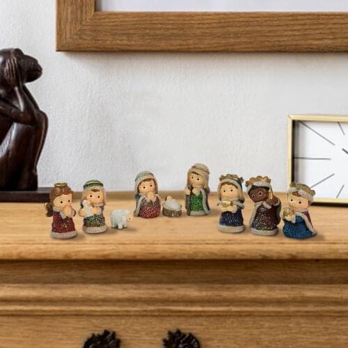 9pcs Nativity Scene Set Baby Jesus Manger Christmas Crib Figurines Miniatures Ornament Church Xmas Gift Resin Crafts Home Decora