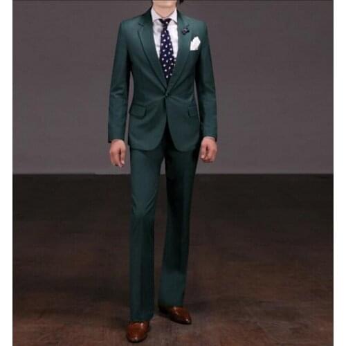 Side Vent Groomsmen Notch Lapel Groom Tuxedos Dark Green Mens Suits Wedding Best Man (Jacket+Pants+Tie+Hankerchief) B8226