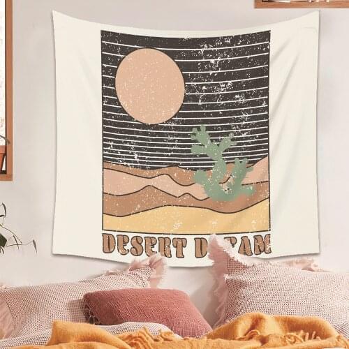 Sunset Desert Dream Black Art Tapestry Wall Hanging Cactus Tree Mountain Dorm Room Decor Aesthetic Wall Tapestry Abstract Carpet