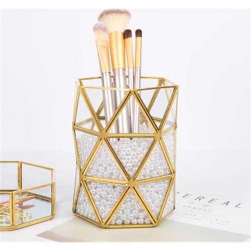 Ins golden beauty brush makeup brush storage bucket brass simple vase Flower storage Glass storage Simple Inserted Vase