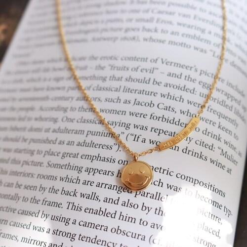 Korea Fashion Cute Smiley Face Round English Letter Long Tag Style Female Necklace Golden Clavicle Chain Titanium Steel Jewelry