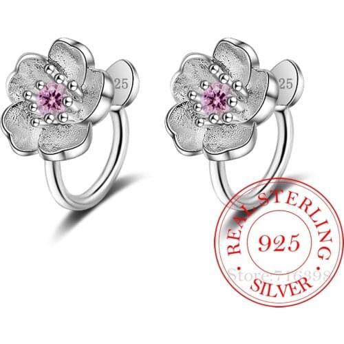 Cute 925 Sterling Silver Cherry Blossoms Flower Set Pink Cz Hoop Earrings For Women Girls Kids Jewelry Orecchini Aros Aretes