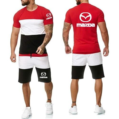 Men T-shirt Mazda Car Logo Summer Colorblock Casual Short sleeve High Quality Cotton Mens T-shirt shorts 2 piece suit
