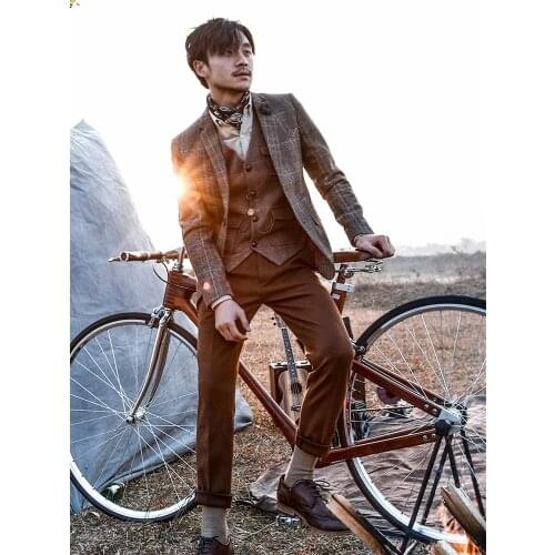 England Style 2021 Winter Mens Suit Jacket V-Neck Plaid Singal-Breasted Coat Fashion Home Casual